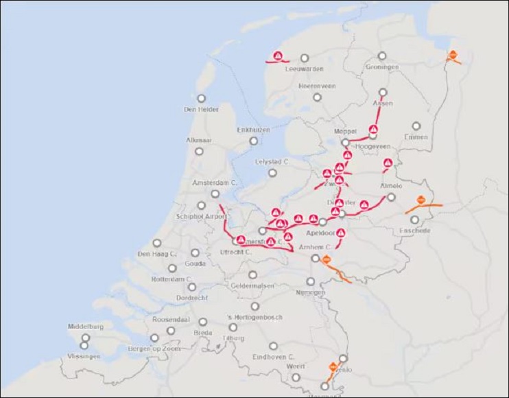 De plaatsen waar vanmorgen sabotage van spoorlijnen werd ontdekt. (bron van afbeelding: Nu.nl)