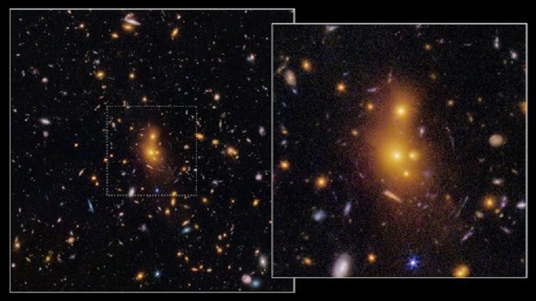 De verre sterrenhoop XLSSC 122, zoals waargenomen door de James Webb ruimtelescoop (Credits: NASA, ESA, CSA; Kyle Finner (Caltech/IPAC))