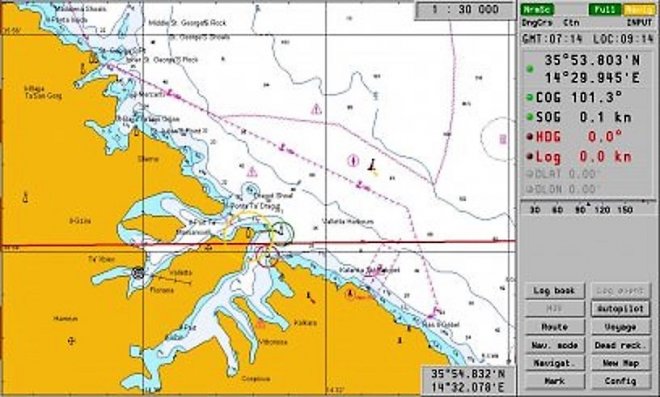 Screendump uit C-map met onze positie op Malta erin. Rechts bovenin de kolom de coördinaten, in de kaart in de linkerhoek een rondje op de plek van de boot in Msida Marina